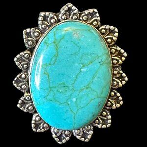Genuine Kingman Turquoise Oval Stone Sterling Silver Overlay Ring